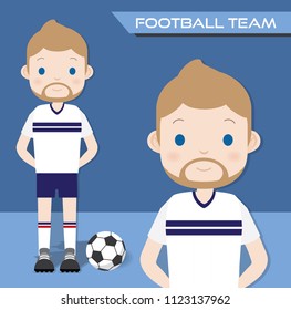 A Blonde hair Football Player with a beard is wearing a white shirt with dark blue stripe line and standing beside the ball. Vector isolate on blue shade background.