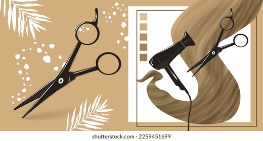 blonde hair, golden curls, scissors and hair dryer, beauty salon, hairdresser icon, barber shop website