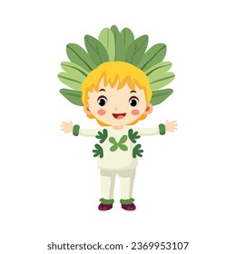 blonde hair kids wearing nature plant costume with leaf ornament on the head. Happy children with organic outfit for school theatrical action character vector flat illustration