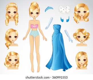 Blonde Hair Set Of Blue Paper Doll