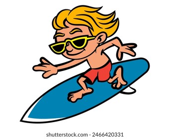 Personajes de dibujos animados Surfer Boy de pelo rubio con gafas de sol y jugando a las olas del océano con tabla de surf. Mejor para pegatina, logotipo y mascota con temas de verano