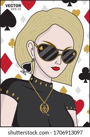 Blonde hair woman with poker symbols background Fashion illustration vector.