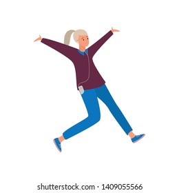 Blonde hair young girl dancing on the city street