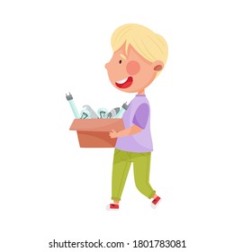 Blonde Haired Boy Character Carrying Light Bulbs for Recycling Vector Illustration