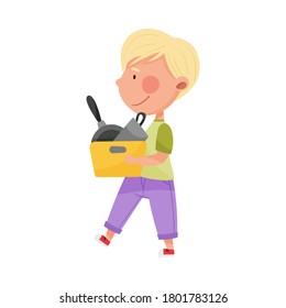 Blonde Haired Boy Character Carrying Sorted Garbage for Recycling Vector Illustration