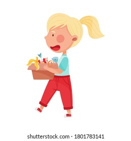 Blonde Haired Girl Character Carrying Carton Box with Food Waste for Recycling Vector Illustration