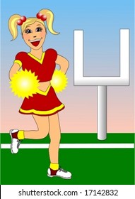 Blonde haired happy girl in a red and yellow cheerleading uniform, on a football field.