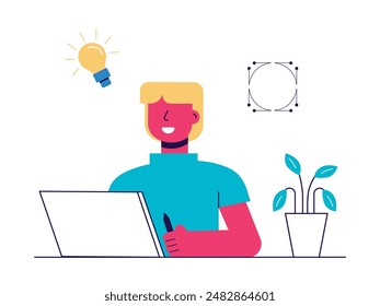 Blonde haired man in front of a laptop, working as a graphic designer art. Character design. Vector flat illustration