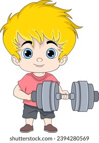 Niño de cabello rubio está levantando campanas de púas para la aptitud, dibujo de ilustración creativa