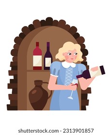 Blonde handsome positive realistic girl pouring wine into glass. Wine from organic grapes. Alcohol drinks. Vector flat style illustration on white background
