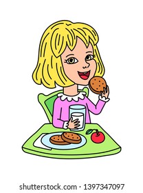 Blonde happy schoolgirl in pink shirt eating lunch sitting at the green table, comic cartoon character isolated on white background. Cheerful little girl having milk, apple and cookies for breakfast.