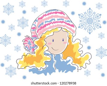 	Blonde in a hat with pompom and snowflakes