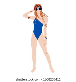 Blonde Hippie girl in a blue swimsuit isolated on white background. Subculture. Cartoon. Hand-Drawn Flat Vector illustration.