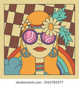 Blonde hippie girl with flowers in her hair on a rainbow and clouds background. Groovy style poster. Vector illustration