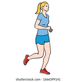 blonde jogger with blue sport outfit. isolated, vector, cartoon, full body.