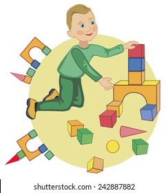 Blonde kid builds a house out of blocks