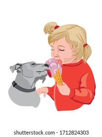 Blonde kid in red sweater eating ice cream with her dog