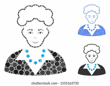 Blonde lady composition of filled circles in variable sizes and shades, based on blonde lady icon. Vector filled circles are grouped into blue illustration.