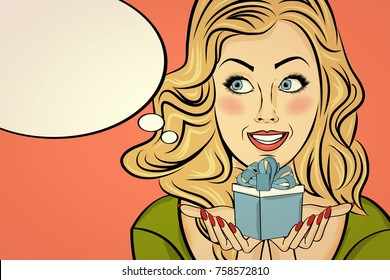  blonde lady with gift in her hands, pop art woman