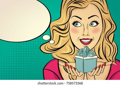 the  blonde lady with gift in her hands, pop art woman