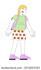 Menina loira rindo personagem de desenho animado 2D. Criança alegre com mochila. Aluna expressando emoções positivas vetor plano de pessoa isolada no fundo branco. Ilustração especial colorida