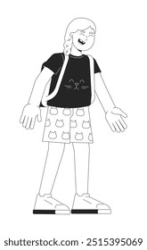 Menina loira rindo personagem de linha 2D preto e branco. Criança alegre com mochila. Aluna expressando emoções positivas solated vetor esboça pessoa. Ilustração de ponto monocromático