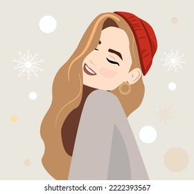 Blonde with long hair in a red winter elm hat against the background of New Year's lights and snowflakes. A woman in a warm sweater in winter. A cosy illustration is suitable for a New Year card