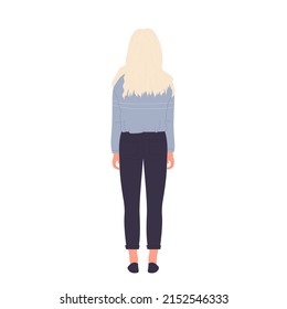 Blonde long haired girl standing with back side. Rear view of casual dressed young girl cartoon vector illustration