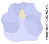 Blonde in a long purple evening dress with a lush, fluttering skirt. Back view. Color vector illustration. Tall lady with long hair. Isolated on white background. Cartoon style. Idea for web design.