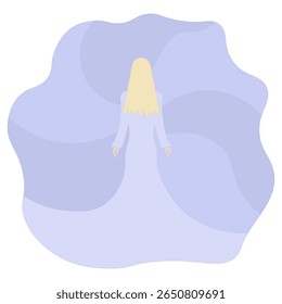 Loira em um vestido de noite roxo longo com uma saia exuberante e vibrante. Vista traseira. Ilustração do vetor de cores. Senhora alta com cabelo comprido. Isolado no fundo branco. Estilo de desenho animado. Ideia para web design.