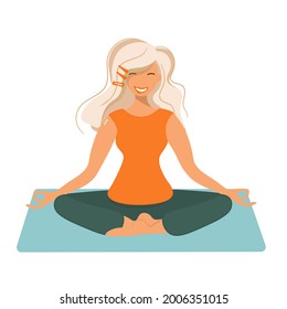 The blonde in the lotus position is engaged in yoga. The woman maintains balance through meditation. Padmasana pose, relaxation, nirvana, yoga practice, mantra, breathing exercises. Vector isolated.