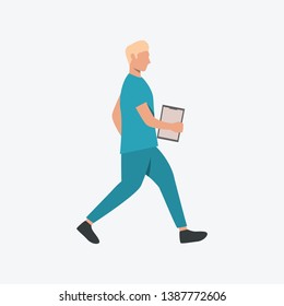 Blonde male doctor walking and carrying clipboard. Scrub, blue uniform, medical history. Medicine concept. Vector illustration can be used for topics like medical help or hospital