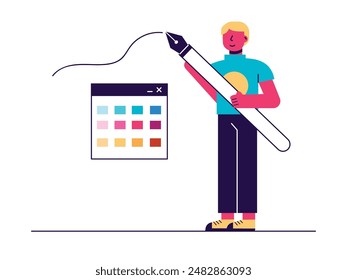 The blonde male freelancer is carrying a large pen and a color palette, graphic design. Character design. Vector flat illustration