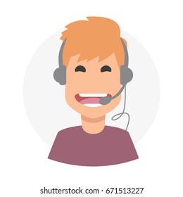 Blonde man 24h all the time customer support center via phone. mail operator service icons concept.