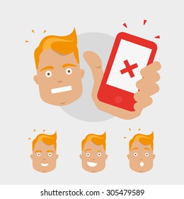 Blonde man character hold ringing telephone