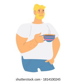 Blonde man with coffee cup. Vector flat character isolated on white