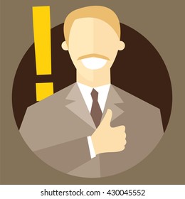 Blonde man with exclamation mark. Person sure. "Best choice" expression. Making decision sign. Flat design. Vector illustration