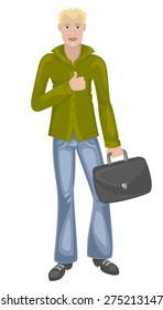 Blonde man in a green shirt with a black case. Vector color illustration of the happy smiling  business man with thumbs up gesture. Isolated on the white background. Image for business, bank, finance.