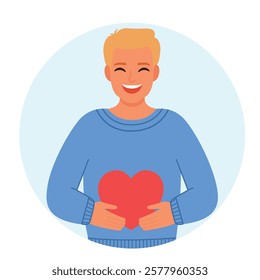 Blonde man in love holding a heart. Vector illustration.