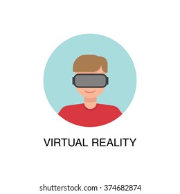 Blonde man smiling in a virtual reality glasses. Flat design character icon in circle.