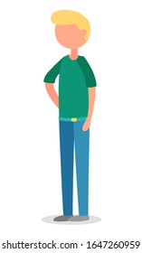 Blonde man startup isolated person character in flat cartoon style. Vector guy in green shirt and jeans, entrepreneur or successful businessman, company leader or confident expert, positive freelancer