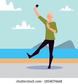 blonde man taking selfie on the seashore vector illustration