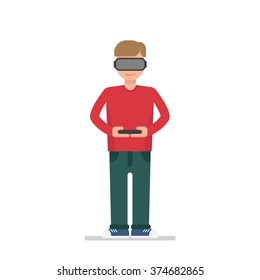 Blonde man in a virtual reality glasses and with remote control in hands. Flat design character icon in circle.
