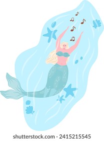 Blonde mermaid singing under water with fish and starfish. Fantasy sea creature in ocean performing music vector illustration.