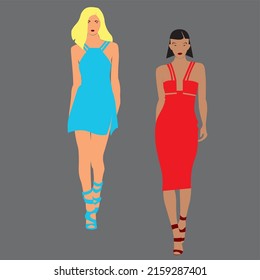 Blonde model in blue dress with brunette model in red dress