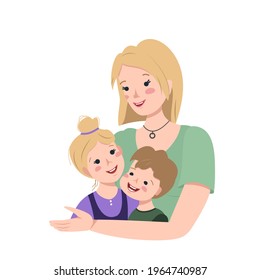 Blonde mom hugs her son and daughter. Happy family day. Mother love and caring for children. International maternity day, women day. People with faces. Vector flat cartoon illustration