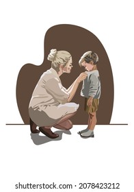 A blonde mother carefully straightens her baby's clothes. Vector illustration.