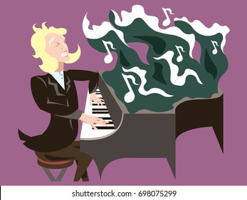 Blonde musician playing piano. Happiness, serenity, mindfulness concept illustration vector.
