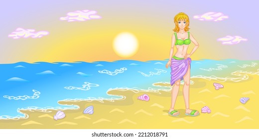 Blonde on the sandy beach. Girl on vacation near the sea or ocean. Woman in green swimsuit and flip flops against the background of a sunset or sunrise. Dawn with clouds and waves. Shells on the sand.
