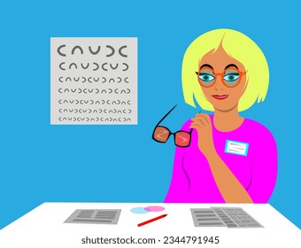 Blonde Optician at Her Work